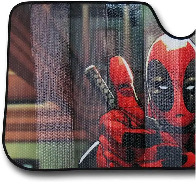 Alt view image 2 of 3 - Plasticolor 003711R01 Marvel Deadpool Thumbs Up Accordion Style Car Truck SUV Front Windshield Sunshade