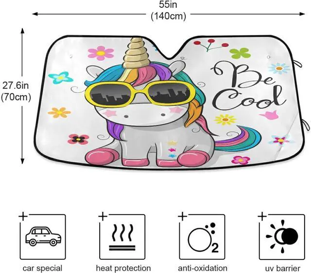 Alt view image 4 of 7 - Car Windshield Sunshade Cool Cartoon Licorne Flower Auto Front Windshield Sun Shade for SUV Truck Blocks UV Rays Foldable Sun Visor Protector 55x27.6 Inch