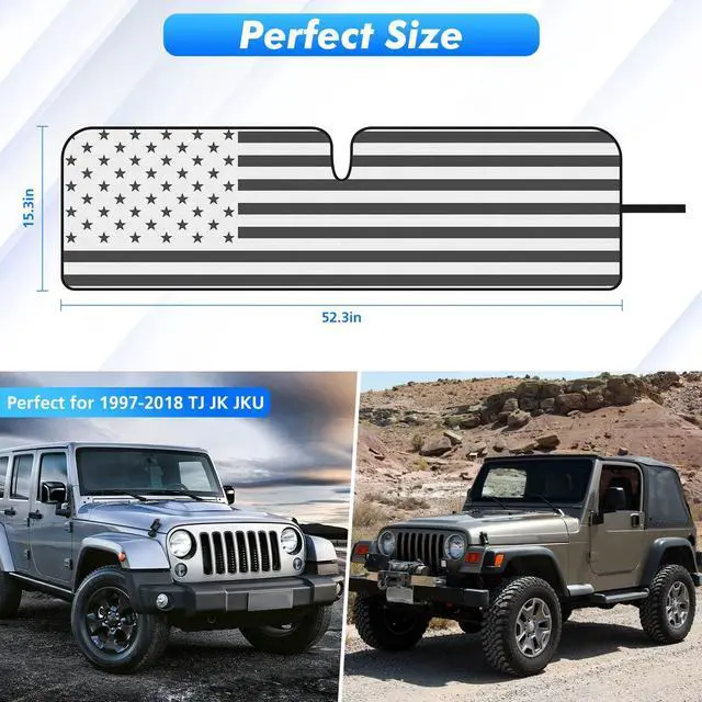 Alt view image 2 of 7 - Jimen Compatible with 1997-2018 Jeep Wrangler TJ JK JKU, American USA Flag Auto Windshield Sunshade Window Sun Visor