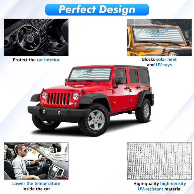 Alt view image 4 of 7 - Jimen Compatible with 1997-2018 Jeep Wrangler TJ JK JKU, American USA Flag Auto Windshield Sunshade Window Sun Visor