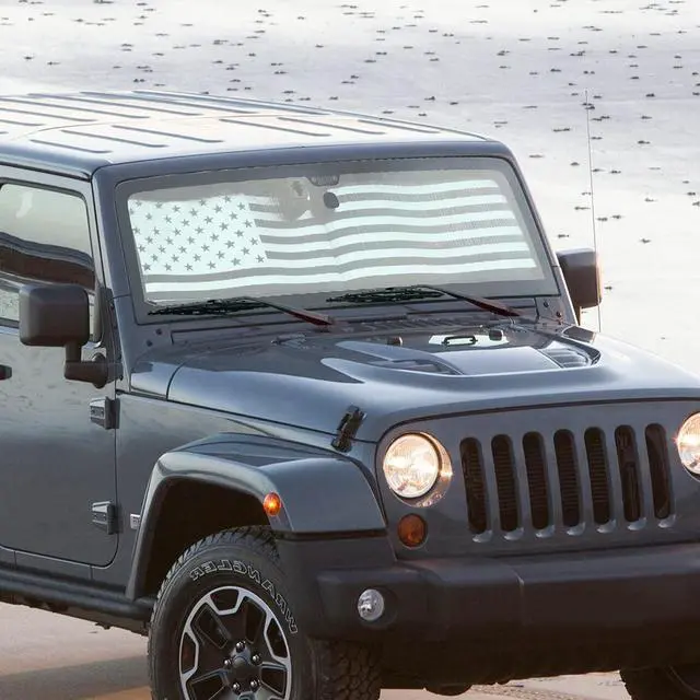 Alt view image 6 of 7 - Jimen Compatible with 1997-2018 Jeep Wrangler TJ JK JKU, American USA Flag Auto Windshield Sunshade Window Sun Visor