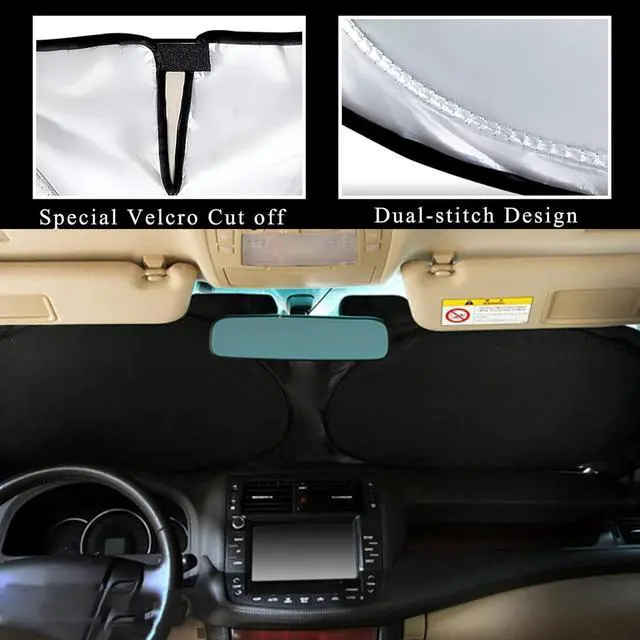 Alt view image 2 of 7 - Windshield Sun Shade | Car Sun Shade Windshield | Foldable Front Windshield Sunshades | Reflective Shade for Front Windshield with Mirror Cut-Out Fits Small Sedans, Mini SUVs, & Hatchbacks