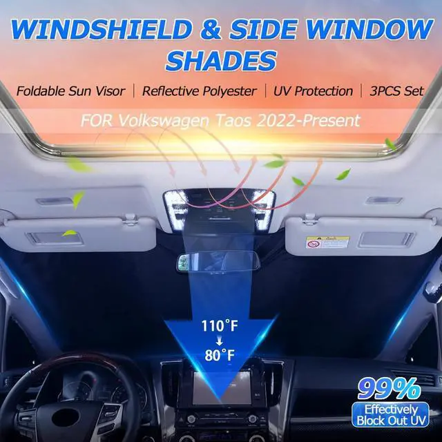 Alt view image 2 of 7 - Karltys 3PCS Windshield Sun Shade for 2022-2025 Volkswagen VW Taos, Front and Side Window Sunshade Cover Custom Fit VW Taos, Foldable Sun Visor Blocker Protect Your Car from Heat UV Rays Damage