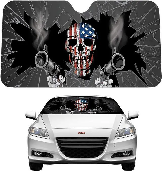 Main image of Patriot Skull Shooter Guns Reflective Double Sided Sunshade Compatible with Car Truck SUV Front Windshield Window Reversible Sun Shade Universal 24x58 inches