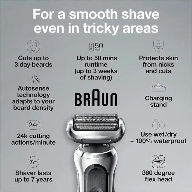 Alt view image 3 of 7 - Braun Series 7 7032cs Flex Electric Razor for Men, Wet & Dry, Electric Razor, Rechargeable, Cordless Foil Shaver with Beard Trimmer and Charging Stand, Silver