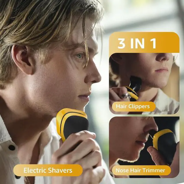 Alt view image 3 of 7 - Rechargeable Electric Razor for Men: 3-in-1 Shaver for Beard/Nose/Sideburns - IPX7 Waterproof Travel Kit - Turbo Speed & Precision Blades, Bright Yellow