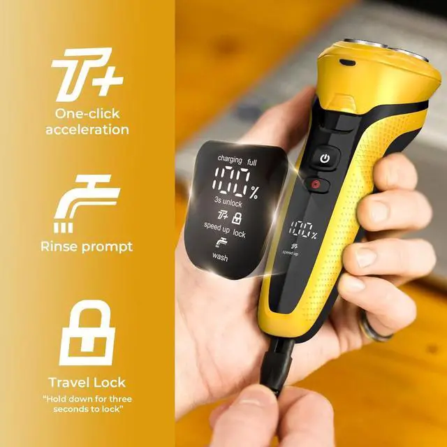 Alt view image 4 of 7 - Rechargeable Electric Razor for Men: 3-in-1 Shaver for Beard/Nose/Sideburns - IPX7 Waterproof Travel Kit - Turbo Speed & Precision Blades, Bright Yellow