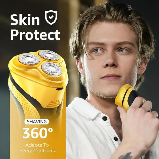 Alt view image 6 of 7 - Rechargeable Electric Razor for Men: 3-in-1 Shaver for Beard/Nose/Sideburns - IPX7 Waterproof Travel Kit - Turbo Speed & Precision Blades, Bright Yellow