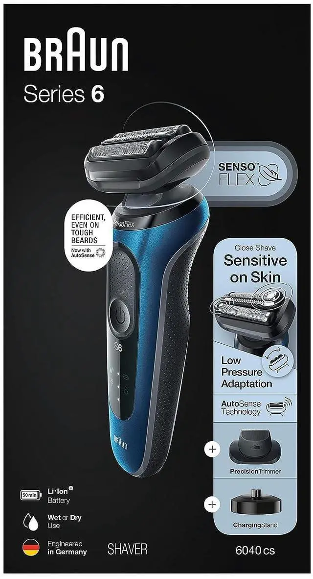 Main image of Braun Series 6 6040cs Electric Shaver with Charging Stand, Precision Trimmer, Wet & Dry, Rechargeable, Cordless Foil Shaver, Blue