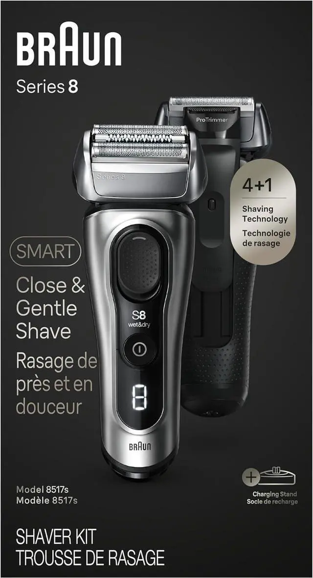 Main image of Braun Series 8 Electric Razor for Men, with 4+1 Shaving Elements & Precision Long Hair Trimmer, Close & Gentle Even on Dense Beards, Wet & Dry Electric Razor with 60min Runtime, 8517s Galvano Silver
