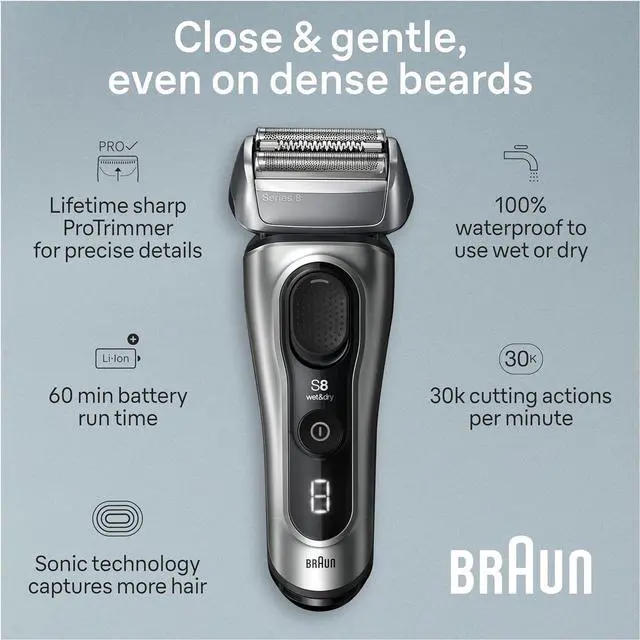 Alt view image 4 of 7 - Braun Series 8 Electric Razor for Men, with 4+1 Shaving Elements & Precision Long Hair Trimmer, Close & Gentle Even on Dense Beards, Wet & Dry Electric Razor with 60min Runtime, 8517s Galvano Silver