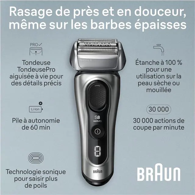Alt view image 7 of 7 - Braun Series 8 Electric Razor for Men, with 4+1 Shaving Elements & Precision Long Hair Trimmer, Close & Gentle Even on Dense Beards, Wet & Dry Electric Razor with 60min Runtime, 8517s Galvano Silver