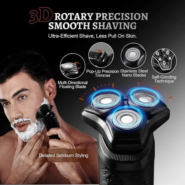 Alt view image 3 of 6 - MENSURE Electric Shavers for Men with Pop-up Trimmer, Cordless Rechargeable Shaver for Gift, IPX7 Waterproof Electric Razor for Men, LED Display, Type-C, Travel-Friendly, Black