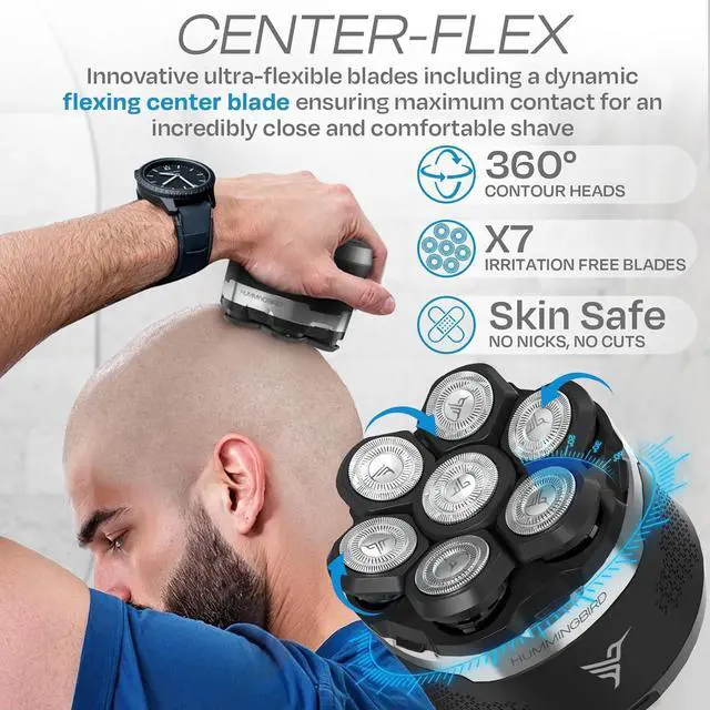 Alt view image 2 of 7 - HUMMINGBIRD MK13 Premium Head Shaver, 7 Blade Electric Razors for Men, Cordless USB-C Rechargeable Wet & Dry Electric Head Shavers for Bald Men, Waterproof Skull Shaver, LED Display, Travel Case