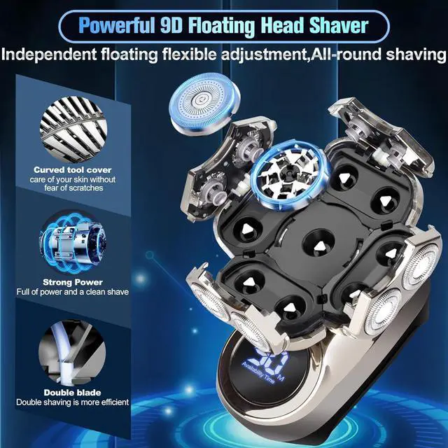 Alt view image 4 of 7 - 9D Head Shavers for Bald Men, Electric Razor for Men to Shave Fast with LED Display, Cordless Rechargeable, IPX7 Waterproof Wet/Dry Rotary Shaver Kit with Nose Hair Trimmer Shaver, Gift for Mens