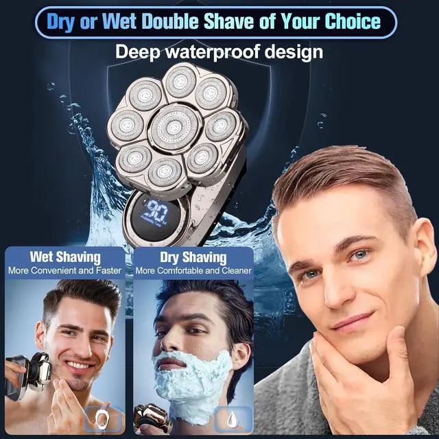 Alt view image 5 of 7 - 9D Head Shavers for Bald Men, Electric Razor for Men to Shave Fast with LED Display, Cordless Rechargeable, IPX7 Waterproof Wet/Dry Rotary Shaver Kit with Nose Hair Trimmer Shaver, Gift for Mens
