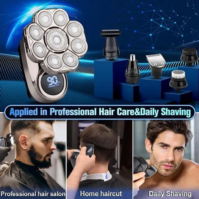 Alt view image 7 of 7 - 9D Head Shavers for Bald Men, Electric Razor for Men to Shave Fast with LED Display, Cordless Rechargeable, IPX7 Waterproof Wet/Dry Rotary Shaver Kit with Nose Hair Trimmer Shaver, Gift for Mens