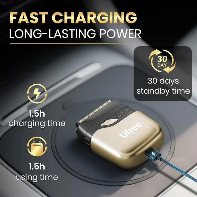 Alt view image 5 of 7 - Ufree Electric Razor for Men, Foil Shaver with 2 Foil Heads, IPX7 Waterproof Electric Shaver, Wet Dry Cordless Razor, Chargeable Portable Shavers for Men, Gold