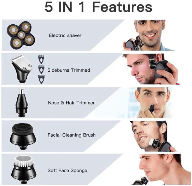 Alt view image 2 of 7 - Electric Razor for Men Head Shaver for Bald Men Grooming Kit 5 in 1 Wet Dry Rotary Shavers Nose Hair Beard Trimmer Clippers Facial Cleansing Brush Cordless Waterproof USB Charging Rechargeable