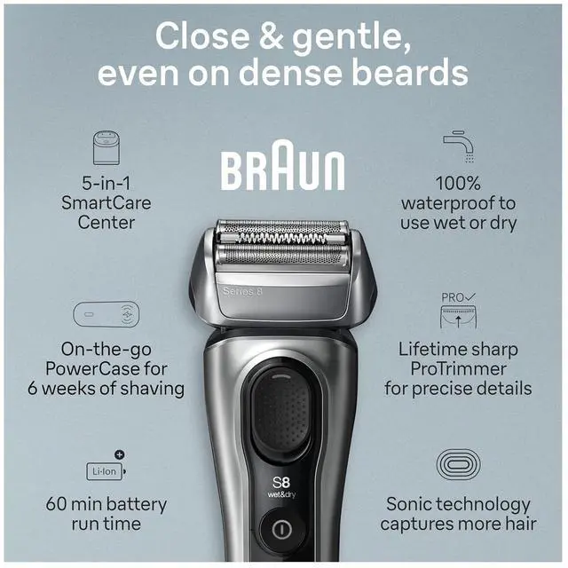 Alt view image 3 of 7 - Braun Series 8 Electric Shaver, Shaving Kit with 4+1 Shaving Elements, Precision Long Hair Trimmer, SmartCare Center, PowerCase
