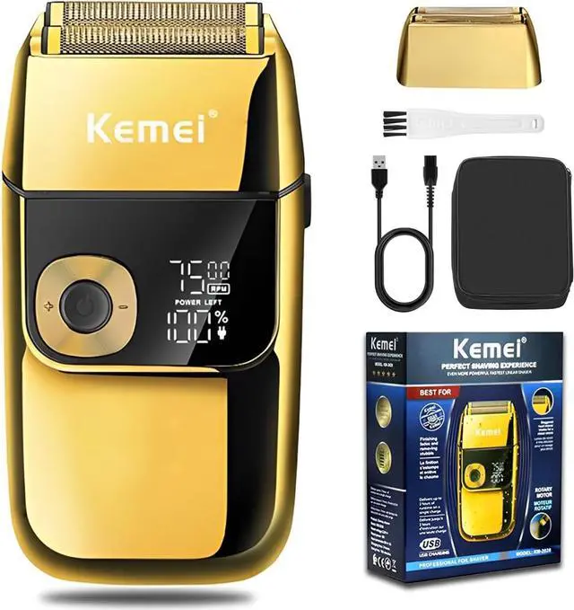 Main image of KEMEI Electric Razors for Men, LCD Display Cordless Men's Razors, USB Rechargeable with Pop-up Beard Trimmer Best Worldwide Travel Gift, Model KM 2028, Gold