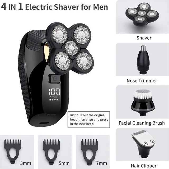 Alt view image 4 of 7 - 4 in 1 Electric Head Shaver Set - Bald Shaver, Wet & Dry, Cordless, with Nose & Ear Trimmer, Facial Cleansing, Rechargeable, IPX6 Waterproof