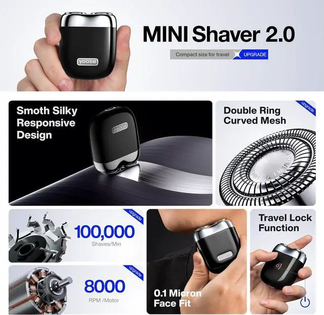 Alt view image 3 of 7 - yoose Mini Electric Shaver, Alloy Portable Travel Shavers, Cordless Shaving, USB-C Rechargeable Electric Razor for Men, Dry Shave, IPX7 Waterproof, Detachable Head, Easy Cleaning, Black