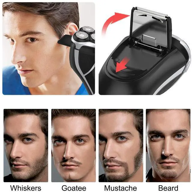 Alt view image 4 of 7 - Men's Electric Shaver - MAX-T Corded and Cordless Rechargeable 3D Rotary Shaver Razor for Men with Pop-up Sideburn Trimmer Wet and Dry with Wall Adapter 100-240V