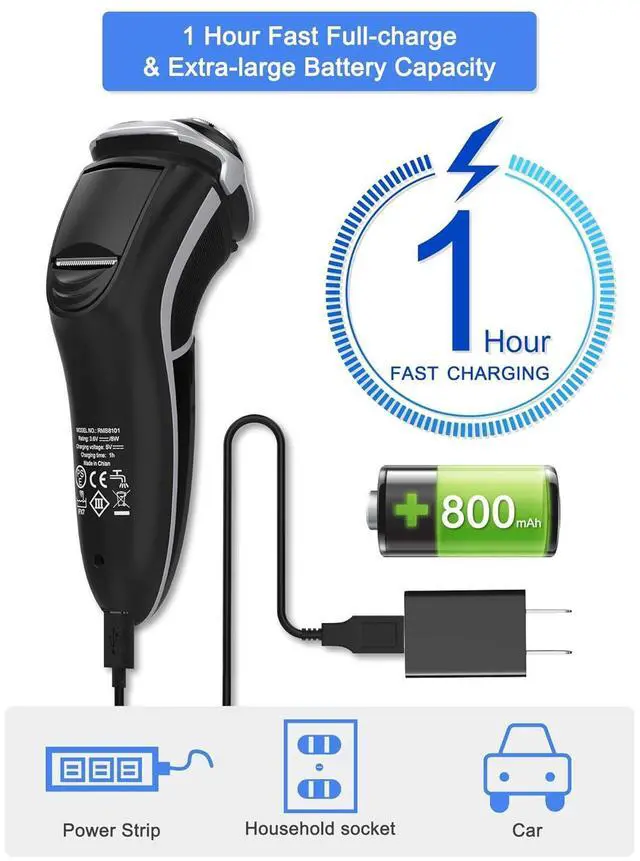 Alt view image 6 of 7 - Men's Electric Shaver - MAX-T Corded and Cordless Rechargeable 3D Rotary Shaver Razor for Men with Pop-up Sideburn Trimmer Wet and Dry with Wall Adapter 100-240V