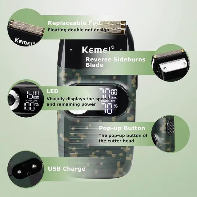 Alt view image 3 of 7 - Kemei Foil Professional Electric Shaver for Men Razor with Bald Trimmer Cordless Shavers Rechargeble LED Display 2 in 1