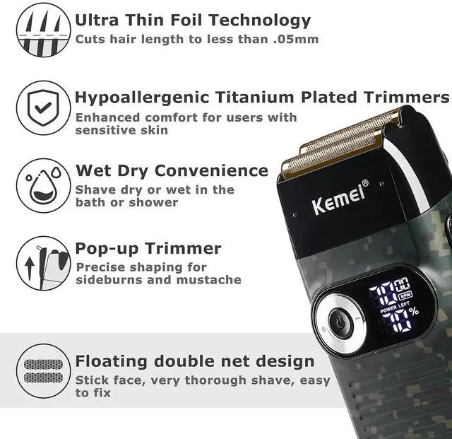 Alt view image 4 of 7 - Kemei Foil Professional Electric Shaver for Men Razor with Bald Trimmer Cordless Shavers Rechargeble LED Display 2 in 1