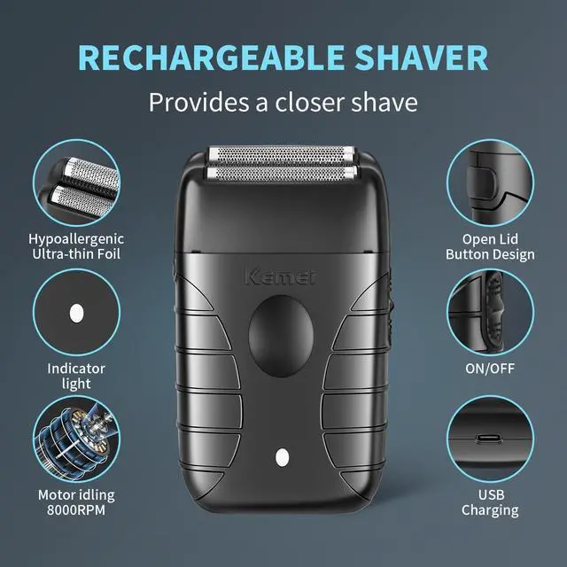 Alt view image 7 of 7 - KEMEI Professional Electric Foil Shaver for Men, Beard Trimmer & Men's Grooming Tool, Foil Shaving and Bald Head Precision Trimmer. Cordless and Rechargeable with USB. Gifts for Men