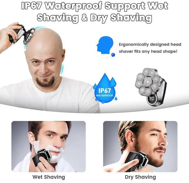 Alt view image 3 of 7 - 9D Head Shavers for Bald Men, Electric Shaver for Men,6 in 1 Mens Grooming Kit with Nose Hair Trimmer, Beard Trimmer,Waterproof Wet/Dry Rotary Shaver,Gift for Father, Husband, Boyfriend