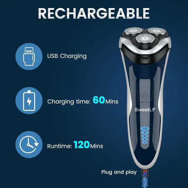 Alt view image 6 of 7 - Electric Razor for Men, SweetLF 100% Waterproof Electric Shaver, Type C Rechargeable, Wet & Dry Rotary Shavers for Men with Pop up Trimmer, Corded and Cordless, Navy Blue