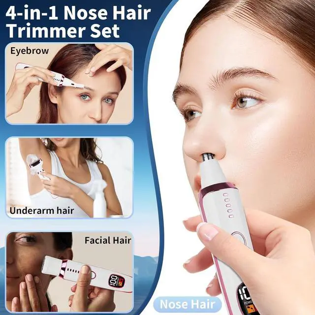 Alt view image 2 of 7 - 2025 Rechargeable Nose and Ear Hair Trimmer with LED Dispaly for Women Men,4 in 1 Painless Eyebrow & Facial Hair Trimmer with Powerful Motor,Ladies Wet & Dry Electric Razor (White)