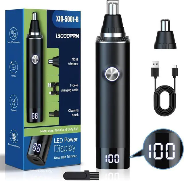 Main image of Ear & Nose Hair Trimmer with LED Display for Men Women,Painless USB Rechargeable Eyebrow & Facial & Nose Hair Trimmer Clipper,Professional IPX7 Waterproof Dual Edge Blades 12500 RPM (Black)