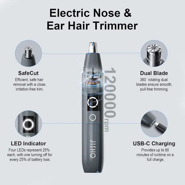 Alt view image 4 of 6 - JISHO Rechargeable Ear and Nose Hair Trimmer for Men Women-12000 RPM Powerful Motor with Dual Edge Blades, Waterproof, USB Type-C, Easy to Clean Travel Size