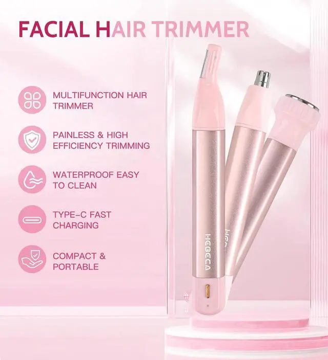 Alt view image 2 of 6 - Nose Hair Trimmer for Women 3in1 Facial Hair Removal Trimmers- Rechargeable, Waterproof, Portable with Travel Bag- Trims Nose, Ear, Eyebrow, Peach-Fuzz, Lips, Chin Face Hair Remover FT2003 (Pink)