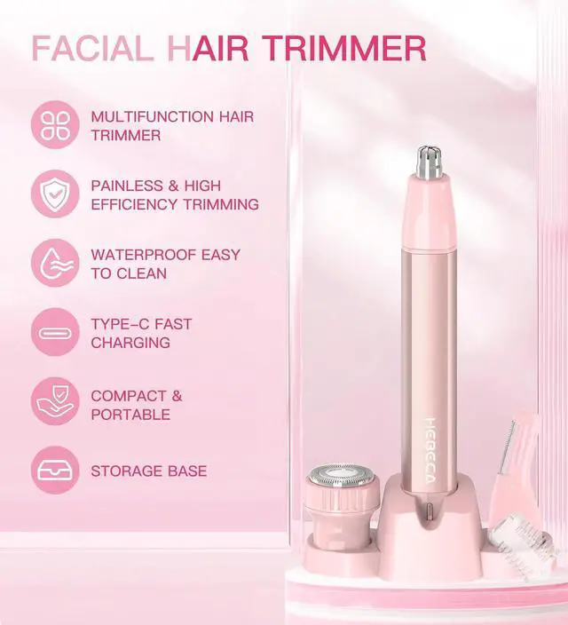 Alt view image 2 of 7 - Nose Hair Trimmer for Women 3in1 Facial Hair Removal Trimmers with Storage Base - Waterproof, Portable USB Rechargeable with Travel Bag- Trims Nose, Ear, Eyebrow, Peach-Fuzz, Lips, Chin Face Hair