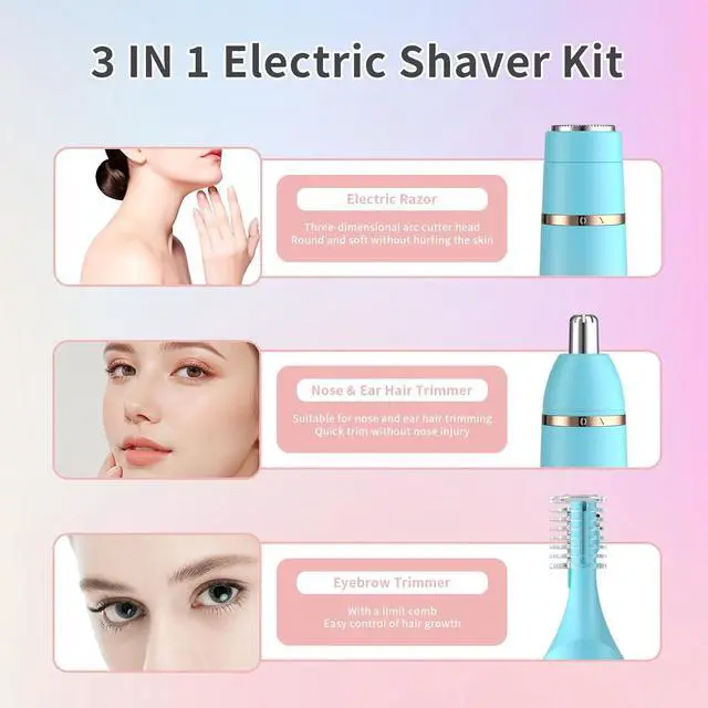 Alt view image 2 of 7 - Nose Hair Trimmer for Men and Women, Eyebrow Trimmer, Electric Shaver Razor 3 in 1, Portable, Waterproof and Rechargeable for Ears, Face, Legs (Blue Pink)