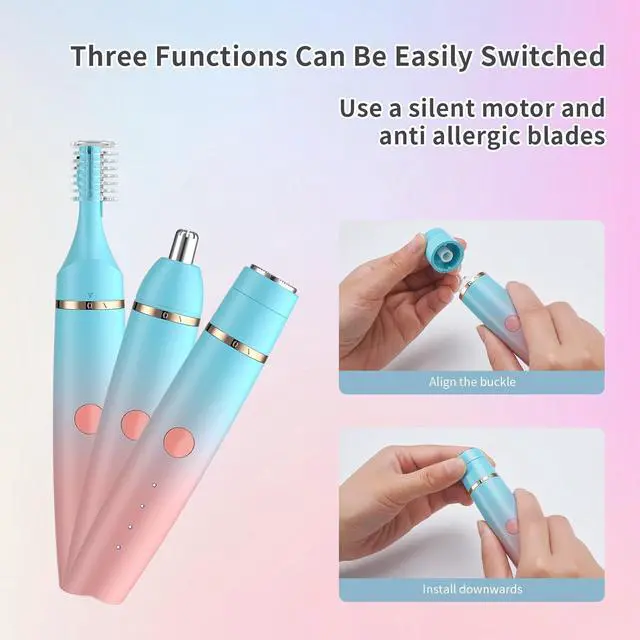 Alt view image 3 of 7 - Nose Hair Trimmer for Men and Women, Eyebrow Trimmer, Electric Shaver Razor 3 in 1, Portable, Waterproof and Rechargeable for Ears, Face, Legs (Blue Pink)