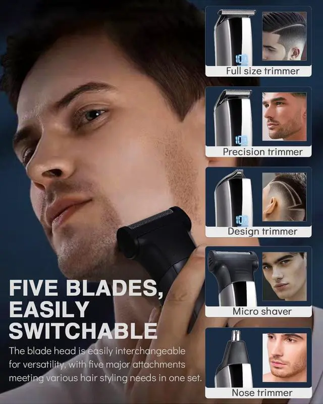 Alt view image 3 of 7 - Beard Trimmer for Men - 5 in 1 Kit Electric Razor, Nose Hair Trimmer with LED Display, Cordless Mustache Body Face Grooming Kit, Rechargeable Beard Shaver (Aluminum)