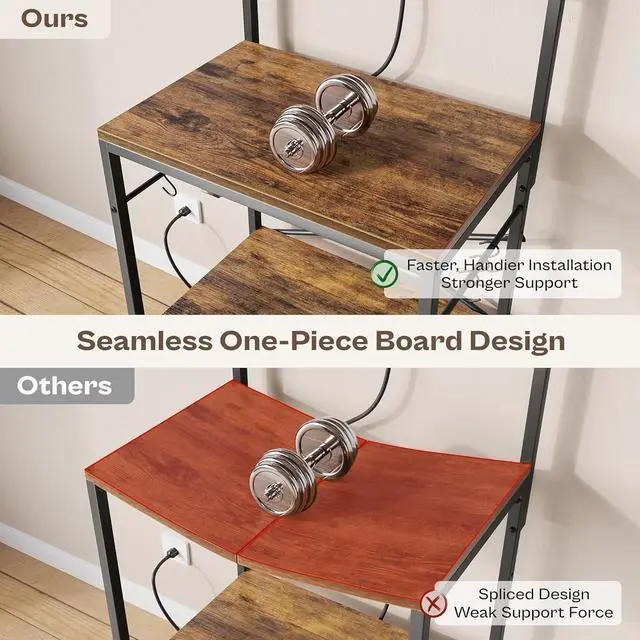 Alt view image 4 of 7 - SUPERJARE Kitchen Bakers Rack with Power Outlet, Coffee Bar Table 4 Tiers, Kitchen Microwave Stand with 6 S-shaped Hooks, Storage Shelf Rack for Spices, Pots and Pans - Rustic Brown