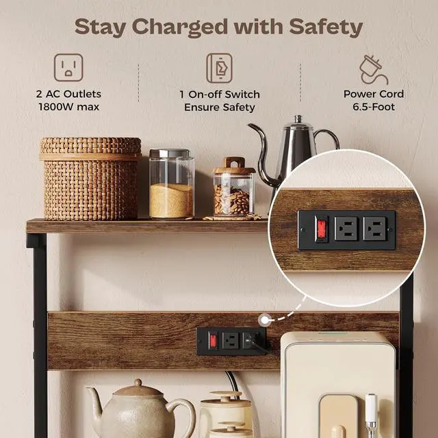 Alt view image 3 of 7 - SUPERJARE Kitchen Bakers Rack with Power Outlet, Coffee Bar Table 4 Tiers, Kitchen Microwave Stand with 6 S-shaped Hooks, Storage Shelf Rack for Spices, Pots and Pans - Rustic Brown