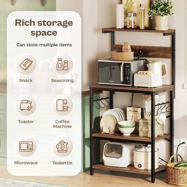 Alt view image 6 of 7 - SUPERJARE Kitchen Bakers Rack with Power Outlet, Coffee Bar Table 4 Tiers, Kitchen Microwave Stand with 6 S-shaped Hooks, Storage Shelf Rack for Spices, Pots and Pans - Rustic Brown