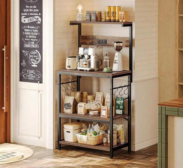 Alt view image 7 of 7 - SUPERJARE Kitchen Bakers Rack with Power Outlet, Coffee Bar Table 4 Tiers, Kitchen Microwave Stand with 6 S-shaped Hooks, Storage Shelf Rack for Spices, Pots and Pans - Rustic Brown