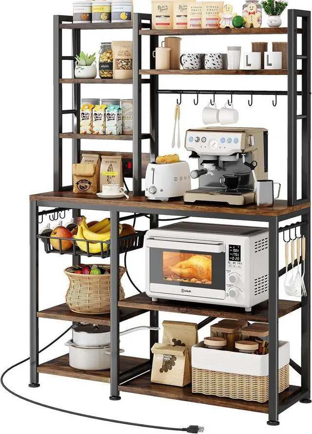 Main image of Baker Rack with Power Outlet - Microwave Stand with Storage, Large Coffee Bar Station with 14 Hooks, Metal Kitchen Shelf Rack for Spices, Pots (Rustic Brown)