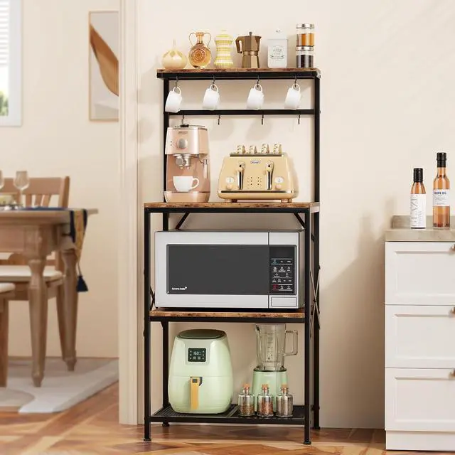 Main image of Kitchen Bakers Rack with Storage Shelves, Small Coffee Bar Cart with 8 Hooks, 4 Tiers Microwave Stand Station with Adjustable Shelves, Freestanding Kitchen Appliance Organizer, Rustic Brown