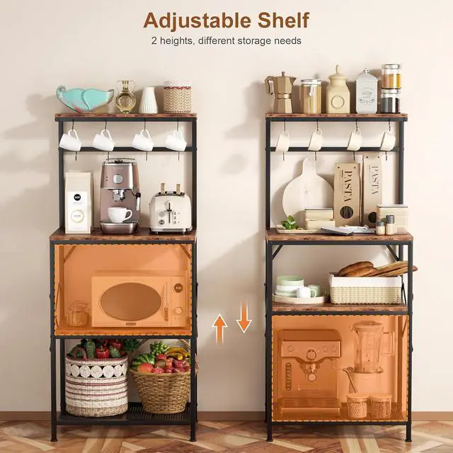 Alt view image 3 of 7 - Kitchen Bakers Rack with Storage Shelves, Small Coffee Bar Cart with 8 Hooks, 4 Tiers Microwave Stand Station with Adjustable Shelves, Freestanding Kitchen Appliance Organizer, Rustic Brown