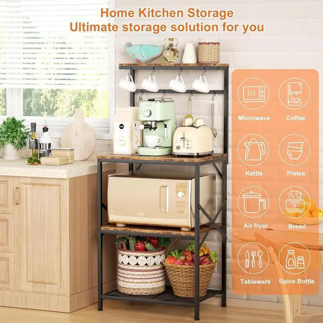 Alt view image 6 of 7 - Kitchen Bakers Rack with Storage Shelves, Small Coffee Bar Cart with 8 Hooks, 4 Tiers Microwave Stand Station with Adjustable Shelves, Freestanding Kitchen Appliance Organizer, Rustic Brown